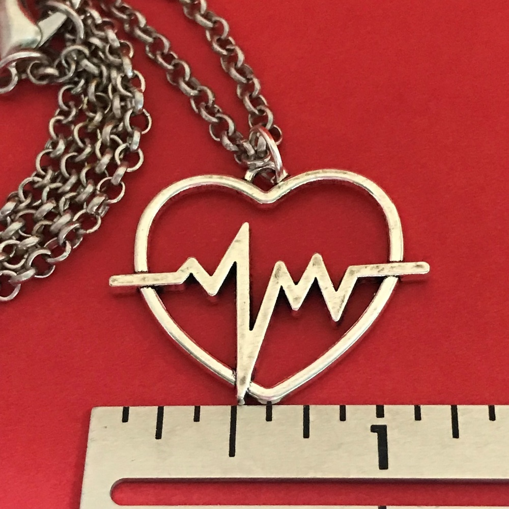 Heart EKG Silver Tone Pendant Necklace - Picture 2 of 4